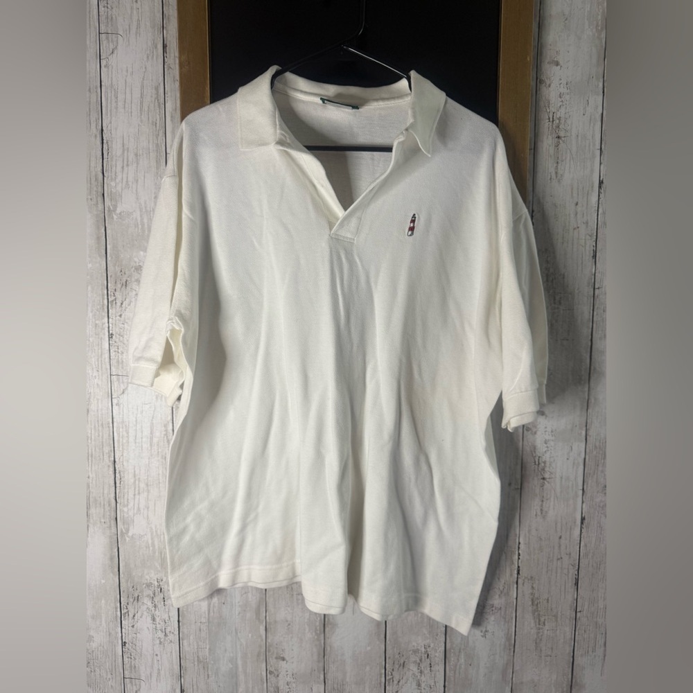 Men’s Large Outer Banks Short Sleeve Polo White with Lighthouse Logo 0465